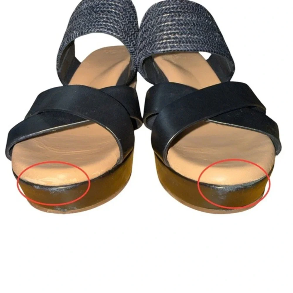 UGG Adriana Wedge Sandals Womens 8.5 Espadrille Slide Black Leather Braided Logo